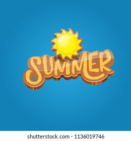 vector summer label paper art syle on blue sky background with orange sun. Summer beach party poster design template.