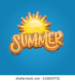 vector summer label paper art syle on blue sky background with orange sun. Summer beach party poster design template.