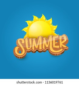 vector summer label paper art syle on blue sky background with orange sun. Summer beach party poster design template.