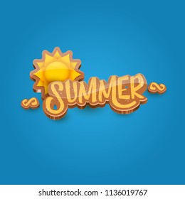 vector summer label paper art syle on blue sky background with orange sun. Summer beach party poster design template.
