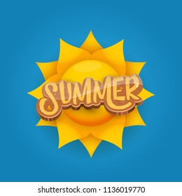 vector summer label paper art syle on blue sky background with orange sun. Summer beach party poster design template.