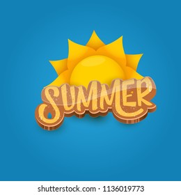 vector summer label paper art syle on blue sky background with orange sun. Summer beach party poster design template.