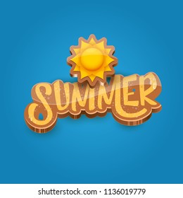 vector summer label paper art syle on blue sky background with orange sun. Summer beach party poster design template.