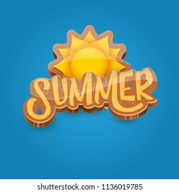 vector summer label paper art syle on blue sky background with orange sun. Summer beach party poster design template.