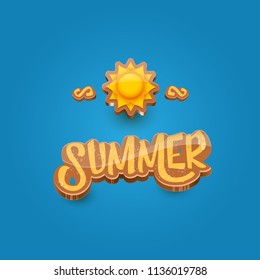 vector summer label paper art syle on blue sky background with orange sun. Summer beach party poster design template.