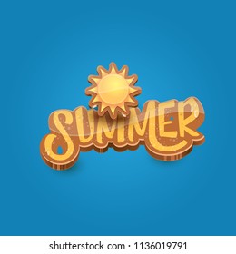 vector summer label paper art syle on blue sky background with orange sun. Summer beach party poster design template.