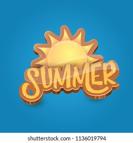 vector summer label paper art syle on blue sky background with orange sun. Summer beach party poster design template.