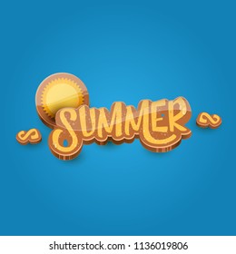 vector summer label paper art syle on blue sky background with orange sun. Summer beach party poster design template.