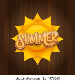 vector summer label paper art syle on wooden board background with sun. Summer beach party poster design template. Square sale web banner