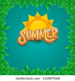 vector summer label paper art syle on green foliage background . Summer beach party poster, flyer or banner design template. 