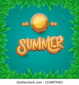 vector summer label paper art syle on green foliage background . Summer beach party poster, flyer or banner design template. 