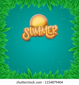 vector summer label paper art syle on green foliage background . Summer beach party poster, flyer or banner design template. 