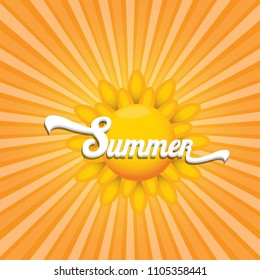 vector summer label with son isolated on blue background.  Stylized summer sun design element for banner, poster, flyer, cover, brochure. Summer sun Logo design.
