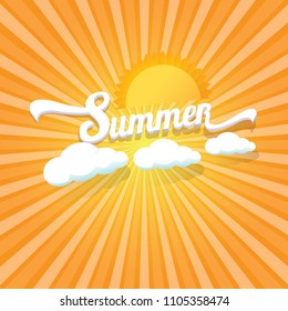 vector summer label with son isolated on blue background.  Stylized summer sun design element for banner, poster, flyer, cover, brochure. Summer sun Logo design.
