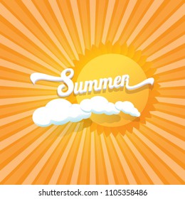 vector summer label with son isolated on blue background.  Stylized summer sun design element for banner, poster, flyer, cover, brochure. Summer sun Logo design.
