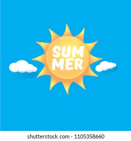 vector summer label with son isolated on blue background.  Stylized summer sun design element for banner, poster, flyer, cover, brochure. Summer sun Logo design.