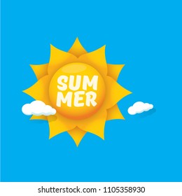 vector summer label with son isolated on blue background.  Stylized summer sun design element for banner, poster, flyer, cover, brochure. Summer sun Logo design.
