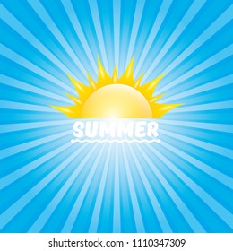 vector summer label with son isolated on blue background with rays of light. Stylized summer sun design element for banner, poster, flyer, cover, brochure. Summer sun Logo design.