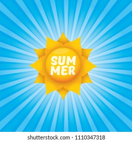 vector summer label with son isolated on blue background with rays of light. Stylized summer sun design element for banner, poster, flyer, cover, brochure. Summer sun Logo design.