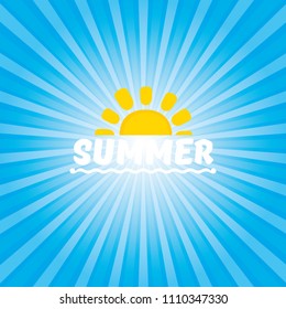 vector summer label with son isolated on blue background with rays of light. Stylized summer sun design element for banner, poster, flyer, cover, brochure. Summer sun Logo design.