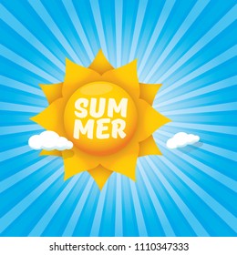 vector summer label with son isolated on blue background with rays of light. Stylized summer sun design element for banner, poster, flyer, cover, brochure. Summer sun Logo design.