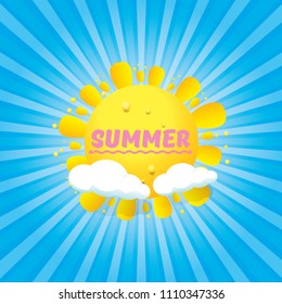 vector summer label with son isolated on blue background with rays of light. Stylized summer sun design element for banner, poster, flyer, cover, brochure. Summer sun Logo design.