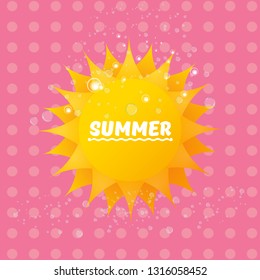 vector summer label with son isolated on pink background. Stylized summer sun design element for banner, poster, flyer, cover, brochure. Summer sun Logo design