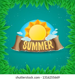 vector summer label with sun isolated on green background with green grass and leaves. Stylized summer sun design element for banner, poster, flyer, cover, brochure. Summer sun Logo design. 