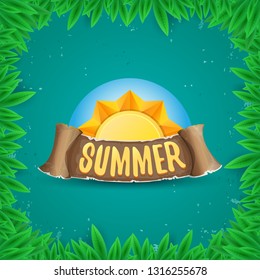 vector summer label with sun isolated on green background with green grass and leaves. Stylized summer sun design element for banner, poster, flyer, cover, brochure. Summer sun Logo design. 