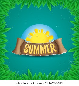 vector summer label with sun isolated on green background with green grass and leaves. Stylized summer sun design element for banner, poster, flyer, cover, brochure. Summer sun Logo design. 