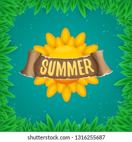 vector summer label with sun isolated on green background with green grass and leaves. Stylized summer sun design element for banner, poster, flyer, cover, brochure. Summer sun Logo design. 