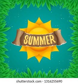 vector summer label with sun isolated on green background with green grass and leaves. Stylized summer sun design element for banner, poster, flyer, cover, brochure. Summer sun Logo design. 