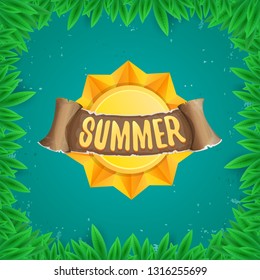 vector summer label with sun isolated on green background with green grass and leaves. Stylized summer sun design element for banner, poster, flyer, cover, brochure. Summer sun Logo design. 