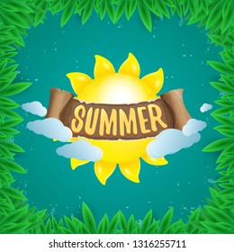 vector summer label with sun isolated on green background with green grass and leaves. Stylized summer sun design element for banner, poster, flyer, cover, brochure. Summer sun Logo design. 