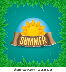 vector summer label with sun isolated on green background with green grass and leaves. Stylized summer sun design element for banner, poster, flyer, cover, brochure. Summer sun Logo design. 