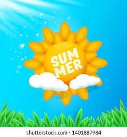 vector summer label with sun isolated on turquoise sky background with green grass. Stylized summer sun design element for banner, poster, flyer, cover, brochure. Summer sun Logo design.