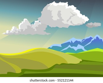 Vector summer landscape. Background for browser games. Beautiful rural landscape on a background of mountains. In the sky big cloud that covers the sun. Beautiful cartoon background.