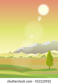 Vector summer landscape. Background for browser games. Beautiful rural landscape on a background of mountains. In the sky big cloud that covers the sun. Beautiful cartoon background.