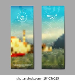 Vector summer landscape background. Set of vertical banners. Advertising sale poster for traveling.