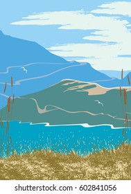 Vector summer landscape with a bay surrounded by mountains