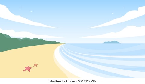Vector summer landscape with beach, sea, and starfishes on sand.