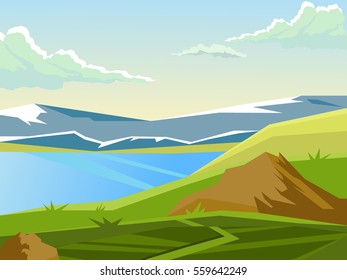 Vector summer landscape. Beautiful bright background. Landscape on the background of the lake and mountains. Summer day. Countryside