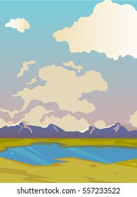  Vector summer landscape. Beautiful colorful background. Day landscape with clouds.