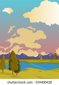 Vector summer landscape. Beautiful colorful background. Day landscape with clouds.