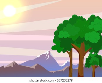  Vector summer landscape. Beautiful landscape. Large trees in the foreground. Beautiful background.