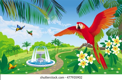 Vector summer landscape with a beautiful parrot and fountain