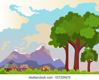 Vector summer landscape. Beautiful rural landscape. Large trees in the foreground. Beautiful background.