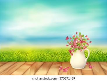 Vector summer landscape calm and clear. Green grass, bouquet in ceramic jug with fallen petals and flowers, textured wooden floor against blue sky
