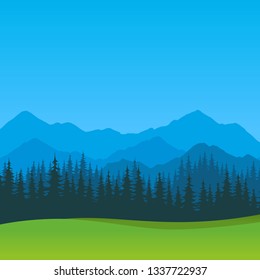 Vector Summer Landscape with clear blue sky. Scenic outdoor view, Silhouettes of Mountains and Forest.