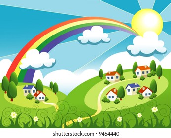vector summer landscape with cute little houses and rainbow